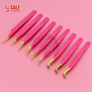 Fiber Tweezer Eyelash Extension Pointed Tip Stainless Steel Tweezers Glitter Hot pink with Gold Tip for Volume Lash Extensions - Product Image 1