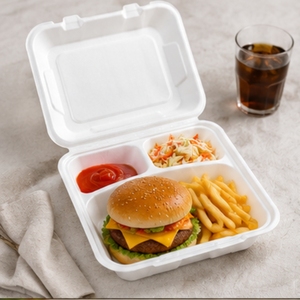 8 x 8 Inch Three Compartment Bagasse Clamshell Box Compostable Disposable Sugarcane Fiber Food <b>Container</b> for <b>Takeaway</b> Catering a - Product Image 6