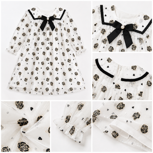 Vestido de Princesa con Malla Floral para Niñas |   Elegante Vestido de Fiesta de Manga Larga con Lazo - Product Image 3