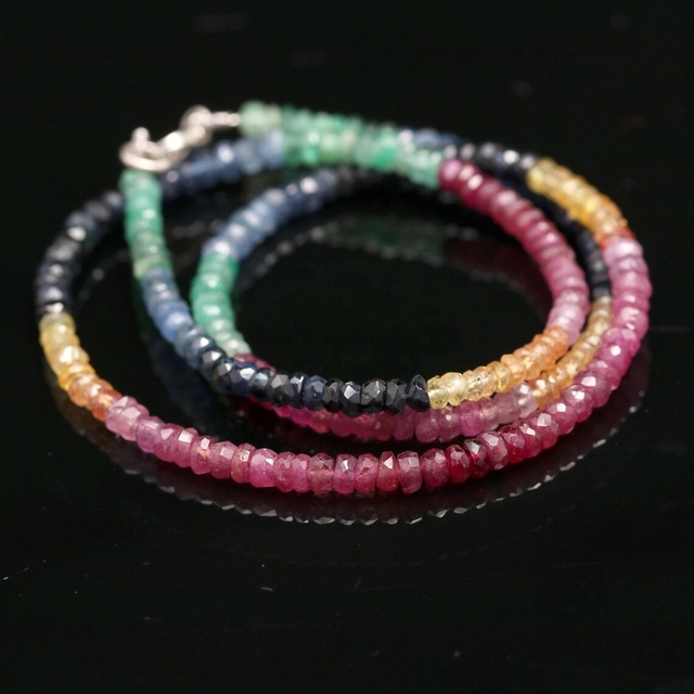 Multi Precious Rondelle Necklace 3mm Faceted Stone Beads Sterling Silver Clasp Ruby/Emerald/Yellow Sapphire/Blue Sapphire