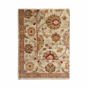 Alfombra de Lana Beige Marfil con Borde Floral, Patrón Botánico en Tono Ólivo, Antideslizante, Ecológica, Hecha a Mano, de Pelo Grueso, Moderna - Product Image 1