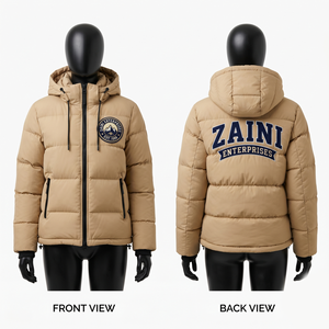 Veste matelassée pour femme, 200 GSM, tissu polyester Taslan, beige, panneau matelassé, capuche, broderie personnalisée, patch en chenille, OEM ODM - Product Image 1