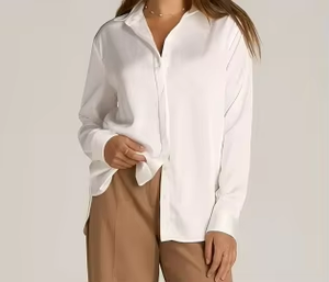 Elegante Blusa Blanca de Verano para Mujer, de Seda/Algodón, Sin Tejer, Manga Larga, con Cuello Camisero, para Oficina y Uso Casual - Product Image 2