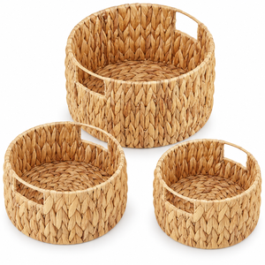 Paniers de rangement cylindriques modernes et écologiques en jacinthe d'eau tressée à la main avec poignées découpées, pour l'organisation des étagères, lot de 3 - Product Image 4