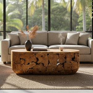 Mesa de Centro Ovalada Rústica Hecha a Mano de Lujo ARTERRA, Mueble de Madera Natural de Raíz de Teca para Sala de Estar - Product Image 6