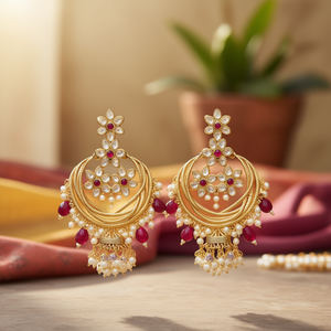 Fashion Chandelier Earrings Kundan Style Chandbali with Ruby Pearls - Product Image 3