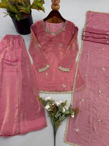 Nuevo Conjunto de Fiesta para Mujer de Diseñador, de Seda Pesada con Bordado y Lentejuelas, Top, Sharara, Plazzo y Dupatta, para Todas las Estaciones, Sin Arrugas - Product Image 6