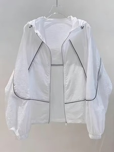 White Hooded <b>Lightweight</b> Windbreaker <b>Jacket</b> With Zipper Closure Unisex Casual <b>Summer</b> Wear Quick Dry Polyester Material - Product Image 4