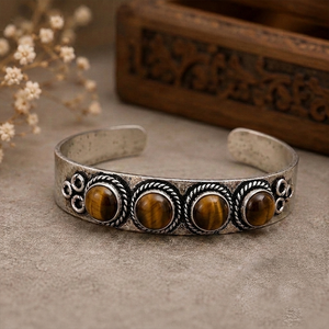 Bronze Horizon Natural Tiger Eye Turquoise Statement <b>Cuff</b> Bangle Gold & <b>Silver</b> Plated Brass Unisex Jewelry - Product Image 6