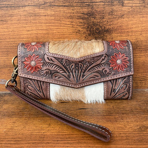 Nouveau portefeuille de sculpture usiné à la main de concepteur pochette portefeuille en cuir de fourrure de vachette élégant multi-utilisations embrayages en cuir occidental pour les femmes - Product Image 3