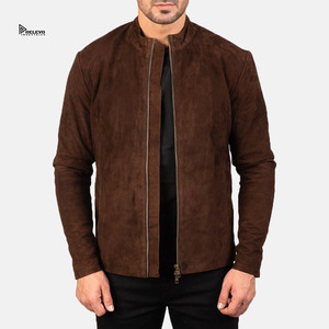 Relevo Industries <b>Men's</b> Brown <b>Suede</b> Leather <b>Jacket</b> Stand Collar Zipper Front Slim Fit Moto Biker Style Autumn Wear <b>For</b> <b>Men</b> - Product Image 1