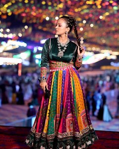 Color Block Modern Sheath Satin Navaratri <b>Lengha</b> Full Sleeve Maxi Embroidered Print Scoop Neck Empire Waist Evening Dress - Product Image 5