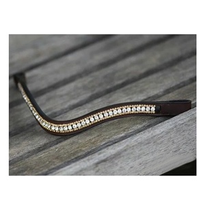 Bride en cuir anglais de qualité supérieure avec frontale incurvée ornée de cristaux, équipement équestre durable, trois rangées de décorations dorées - Product Image 2