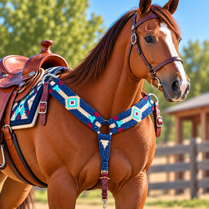 BREASTCOLLAR Collar de pecho para caballo estilo Western, con cuentas moradas y patrón Navajo, extremos de cuero y lana en tono verde azulado y marrón claro, personalizable en tallas Cob/Full - Product Image 3