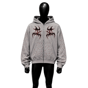 Grey Tribal Graphic Zip Up Hoodie Y2K Streetwear Oversized <b>Gothic</b> Sweatshirt Rhinestone Style Unisex Fashion <b>Jacket</b> With Urban's - Product Image 1