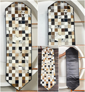 2026 New Elegant Handcrafted Genuine Cowhide Leather Table Runner Checkered Patchwork Designer Pattern Home Decor Dining Table - Product Image 3