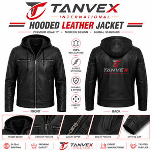Veste en cuir pour homme TANVEX, noire, style motard, fermeture éclair, durable, écologique, pour l'hiver, col montant, décontractée, pour l'extérieur - Product Image 1