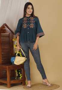 Blusa Elegante para Mujer, Color Verde Pavo Real, Bordada, Estilo Casual, Étnico, Occidental, con Parte Inferior Acampanada - Product Image 5