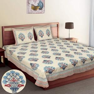 Parure de lit ethnique en coton pur à imprimé floral, drap double et taies d'oreiller assorties, crème et bleu, vente en gros - Product Image 1