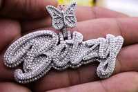 Pendentif Papillon Dvars Diamant Luxe en Argent 925 avec Moissanite, Plaque Nom Personnalisée Entièrement Sertie de Pierres, Style Hip Hop, Cadeau pour Femme