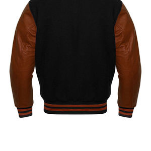 Men's Black Wool Varsity <b>Jacket</b> With Brown Leather Sleeves And Horn Buttons Casual Autumn Wear - Product Image 5