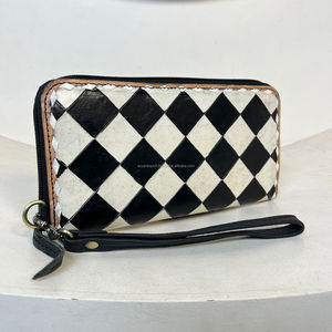 Cartera de mano de cuero genuino con estampado a cuadros para mujer, Cartera de mano de gran capacidad con tarjetero - Product Image 4