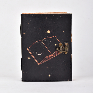 Celestial Open Book Leather Journal <b>A5</b> Handmade Lock <b>Diary</b> For Night Writing Notebook Vintage Style Cosmic Theme Gift Journal - Product Image 1