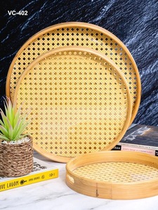 Round Wooden Serving Tray with Handles Red Geometric Patterned Decorative <b>Platter</b> Handmade Food Serving <b>Platter</b> Tray For Tea - Product Image 4