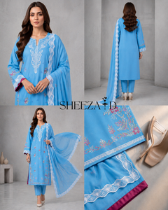 Costume en coton et mousseline de soie bleu ciel brodé en 3 pièces pour femmes |   Vêtements ethniques pakistanais traditionnels Salwar Kameez Dupatta |   SHEEZA.D - Product Image 6