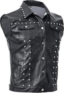 <b>Men</b> <b>Black</b> Denim <b>Vest</b> Punk Style Rivet Decorated Turn-down Collar Single Breasted Button Closure Autumn Outer Wear - Product Image 3