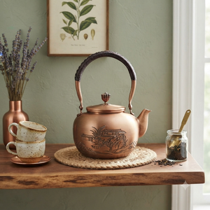 Bouilloire à thé artisanale en cuivre gravé motif maison paysagère, avec poignée en rotin tressé, robuste, pour faire bouillir l'eau, vente en gros, export sur mesure - Product Image 2