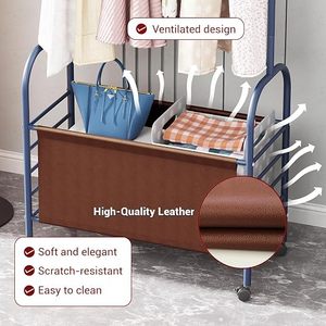 Minimalist Metal Clothing <b>Rack</b> With Wheels And Storage Basket For Wardrobe Use Standing Type Multifunctional Design - Product Image 5