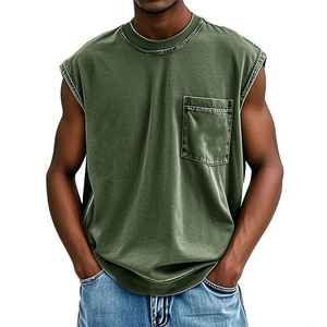 2026 Trendy <b>Men's</b> Green Sleeveless Tank Top With Chest Pocket O-Neck Casual Knitted Cotton <b>Singlet</b> Solid Color Design - Product Image 2