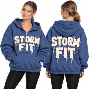 Sweat à capuche demi-zip rose clair pour femme, coupe Storm Fit, avec appliqué lettres, épaules tombantes, poche kangourou, en polaire décontractée, style streetwear, coupe-vent - Product Image 2