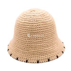 <b>Women</b> Adjustable Paper Sun Hat Hand Embroidery Striped Pearl Trim Wide Brim Bucket Beach Vacation Outdoor <b>Cap</b> - Product Image 4