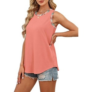 Camisetas sin mangas para mujer, de jersey liso, anti-bolitas, cuello casual, estilo boho, con bloques de color, sin mangas, ropa de verano para playa y vacaciones, con bajo curvo - Product Image 1