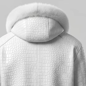 Veste matelassée à capuche pour homme en PU blanc effet croco avec doublure en fourrure, coupe-vent, manteau d'hiver décontracté, coupe régulière, fermeture éclair sur le devant - Product Image 1