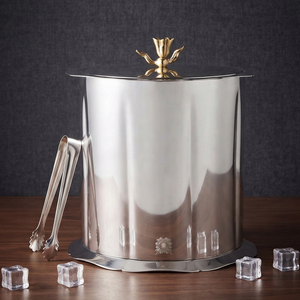 Elegant Silver <b>Ice</b> <b>Bucket</b> Features A Scalloped Base Matching Tongs Fluted Body And A Decorative <b>Gold</b> Floral Sculpted Lid Knob - Product Image 1