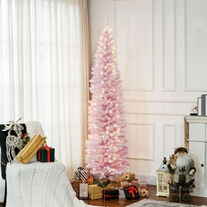 Sapin de Noël rose mince de 7 pieds avec branches réalistes et lumières LED blanc chaud - Product Image 2