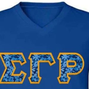 Camiseta con cuello en V para mujer, camiseta con estampado gráfico de letras horizontales y mangas a rayas, Top informal de manga corta a la moda, estilo Sorority - Product Image 3