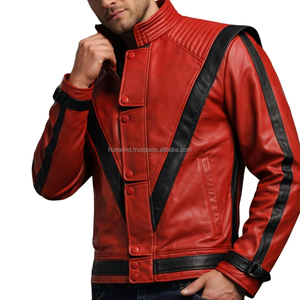 Red Thriller <b>Leather</b> <b>Jacket</b> | Iconic Black V-Stripe Pop Icon Biker Coat High-Volume Pop Icon Outerwear - Product Image 2