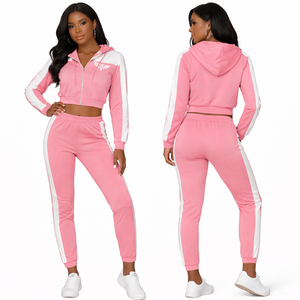 Conjunto Deportivo Corto Rosa para Mujer, Sudadera con Cierre y Pantalones Jogger de Cintura Alta, Corte Ajustado, Dos Piezas, Ropa Deportiva Informal, Logotipo Personalizado - Product Image 1