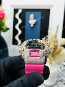 Iced Out VVS Moissanite <b>Watch</b> Round Shape Bezel Multi Color Diamond Digital <b>Watch</b> Pink <b>Rubber</b> Band <b>Watch</b> - Product Image 2