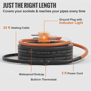 Cavo Autoriscaldante da 24 Piedi 5W/ft, Nastro Riscaldante per Protezione dal Congelamento, Riscaldatore per Tubi in PVC, Metallo e Plastica - Product Image 5