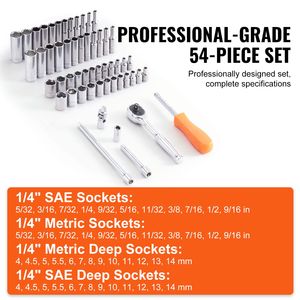 Set di chiavi a bussola a cricchetto da 1/4 di pollice, 6 punte, 54 pezzi, metrico e SAE, profondo, standard, per uso industriale - Product Image 3