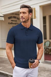Men's <b>Navy</b> <b>Blue</b> Short Sleeve Knitted <b>Polo</b> <b>Shirt</b> Solid Color Casual Breathable Design Regular Fit - Product Image 4