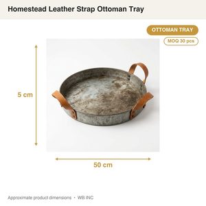 Plateau ottoman artisanal en fer galvanisé de 50 cm avec boucles en cuir vieilli cousues, sangle en cuir Homestead, plateaux décoratifs pour la maison - Product Image 3