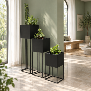 Trio de jardinières surélevées en métal noir |   Ensemble de pots de fleurs carrés d'intérieur avec supports fins pour la décoration du salon, de l'hôtel, du bureau, de la maison et du jardin - Product Image 3