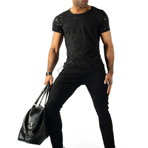 Camiseta de hombre rasgada, desgastada, estilo urbano, ajustada, hip hop, con agujeros, informal, de manga corta, de algodón negro liso, fabricación de camisetas. - Product Image 3