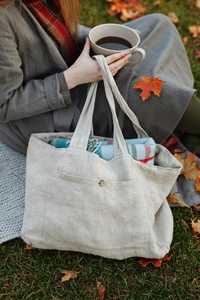 Sac fourre-tout en lin écologique avec poche avant et chaînes, grande capacité, sac de courses réutilisable, sac à bandoulière décontracté pour femme - Product Image 2